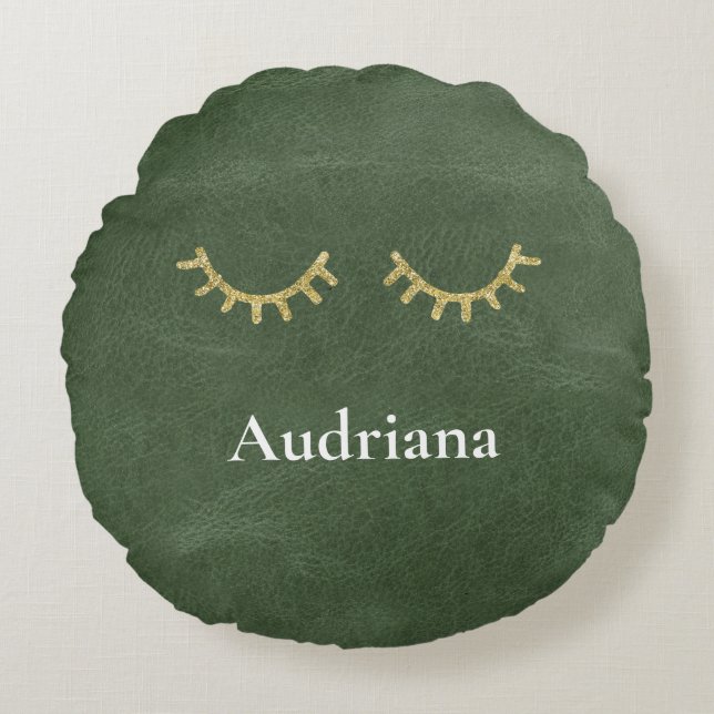 Olive Pistachio Grönt Guld Glitz Eyelash Rund Kudde (Framsidan)