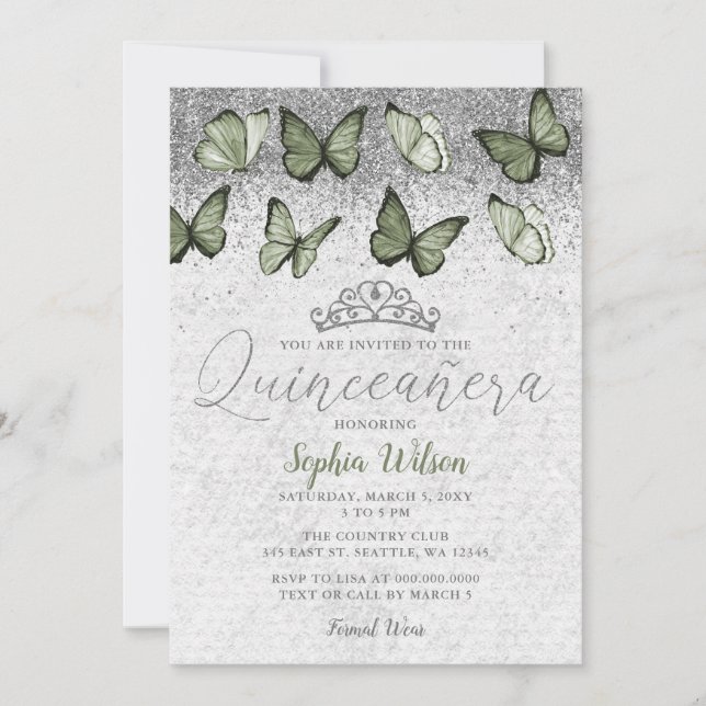 Olive Sage Silver Glitter Butterfly Quinceañera Inbjudningar (Framsida)