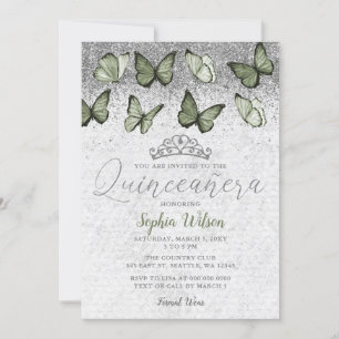 Olive Sage Silver Glitter Butterfly Quinceañera Inbjudningar