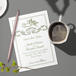 Olive Sage Toile de Jouy Cherub Save the Date Card Spara Datumet