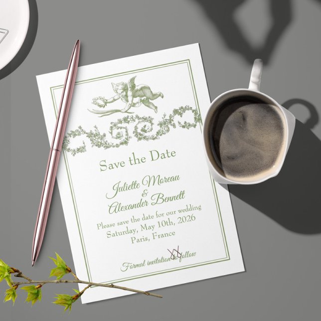 Olive Sage Toile de Jouy Cherub Save the Date Card Spara Datumet (Skapare uppladdad)