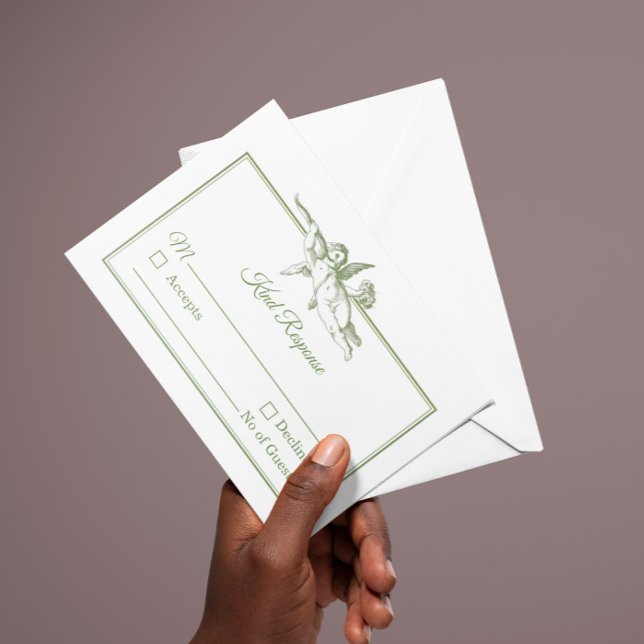 Olive Sage Toile de Jouy Cherub Wedding RSVP Card OSA Kort (Skapare uppladdad)