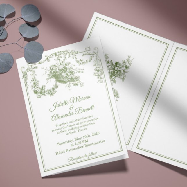 Olive Sage Toile de Jouy Paris Wedding Invitation Inbjudan (Skapare uppladdad)