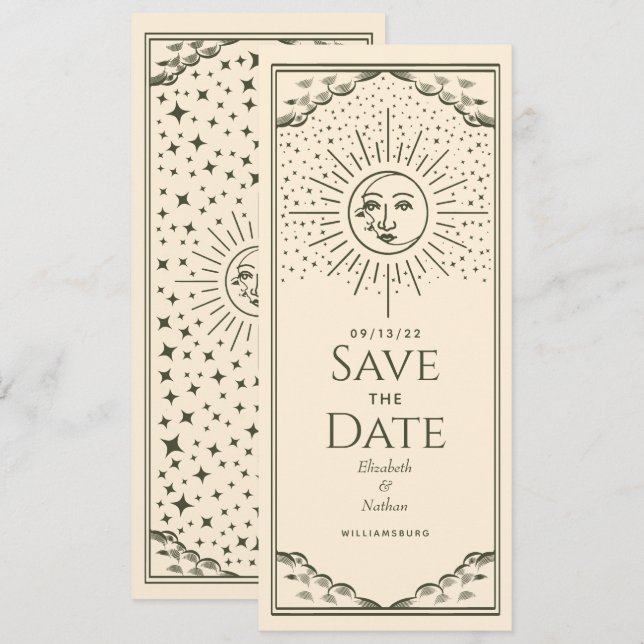 Olive Sol och Måne Tarot Card Spara datum Inbjudningar (Fram/baksida)