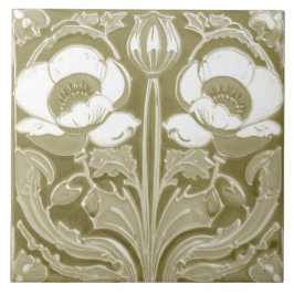 Olive Tan Poppy Flower Deco Nouveau Folk Art Kakelplatta