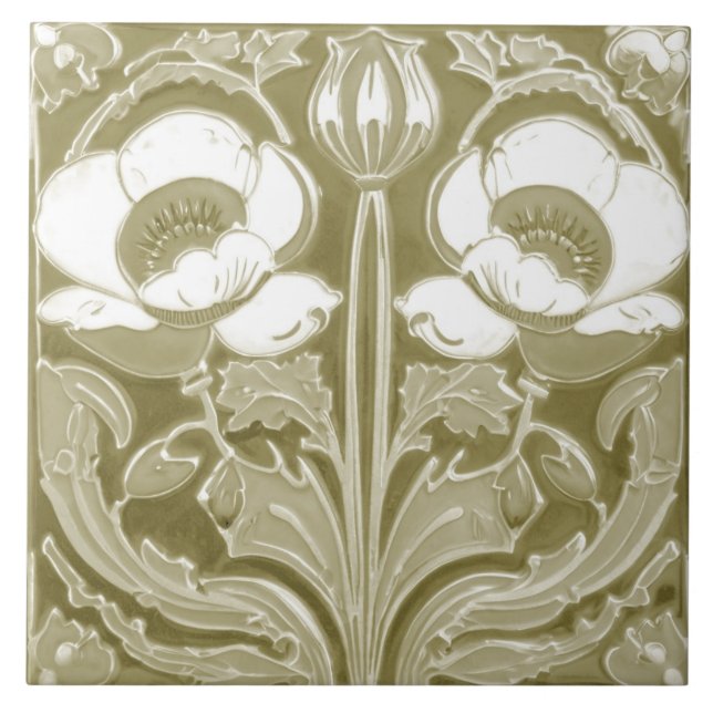 Olive Tan Poppy Flower Deco Nouveau Folk Art Kakelplatta (Framsidan)