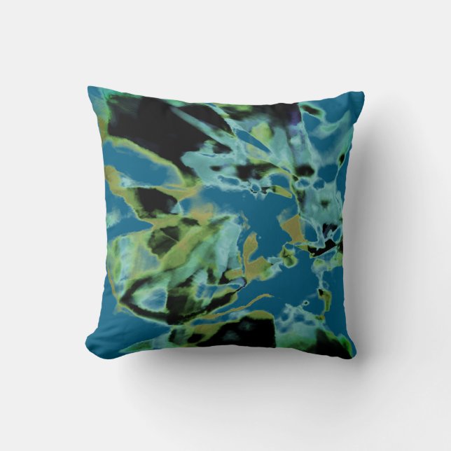Olive Teal Black on Blue Abstract Floral Design Kudde (Framsida)