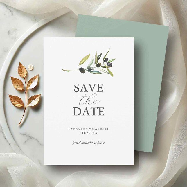 Olive Theme non Photo Bröllop spara datum Datumet (Non photo save the dates watercolor olive branch by Do Tell A Belle)
