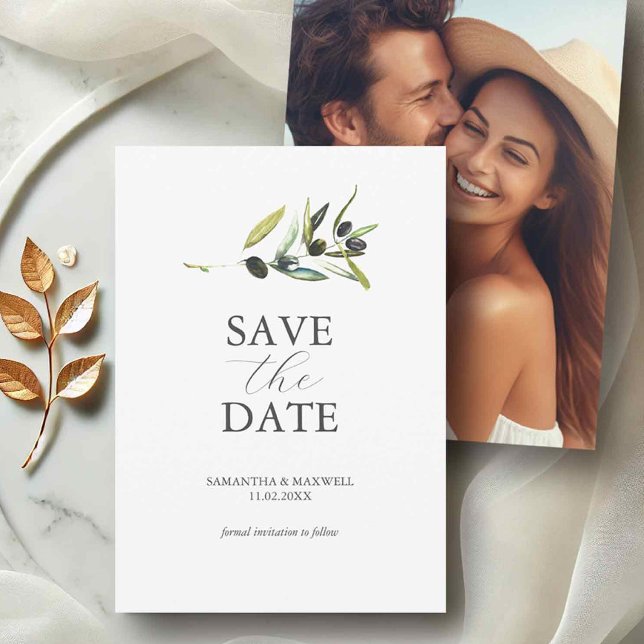 Olive Theme Photo Bröllop spara datum Datumet (Photo save the date invitations simple watercolor olive branch by Victoria Grigaliunas)