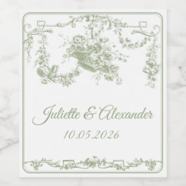 Olive Toile de Jouy Wedding Bottle Label  Vinflaska Etikett