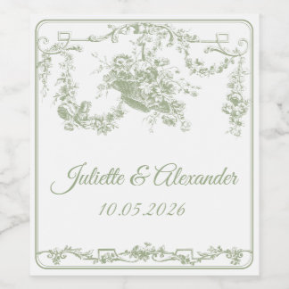 Olive Toile de Jouy Wedding Bottle Label Vinflaska Etikett
