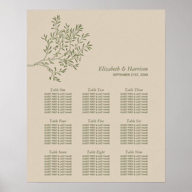 Olive Träd Gren, Rustic Bröllop, sittdiagram Poster (Framsidan)