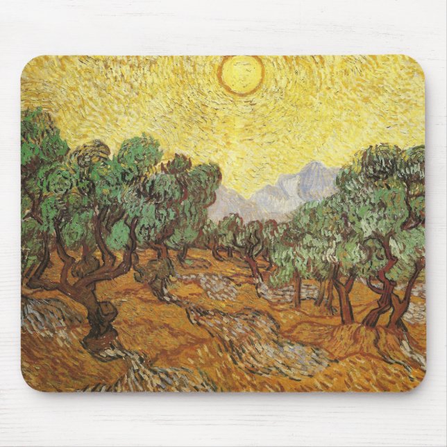 Olive Träd Gult Himlar och Sol Van Gogh Fine Art Musmatta (Framsidan)