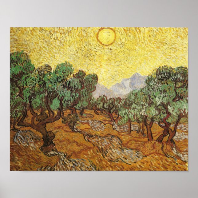 Olive Träd Gult Himlar och Sol Van Gogh Fine Art Poster (Framsidan)