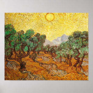 Olive Träd Gult Himlar och Sol Van Gogh Fine Art Poster