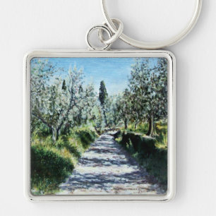 OLIVE TRÄD I TUSCANY LANDSCAPE FYRKANTIG SILVERFÄRGAD NYCKELRING