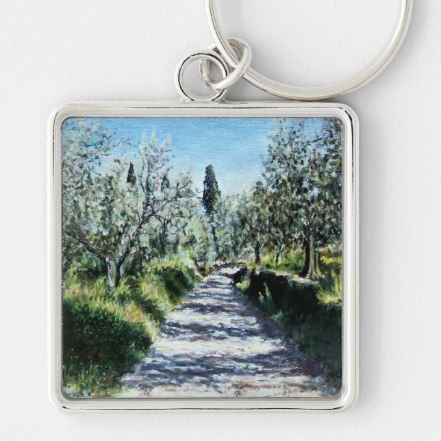 OLIVE TRÄD I TUSCANY LANDSCAPE FYRKANTIG SILVERFÄRGAD NYCKELRING (Framsidan)
