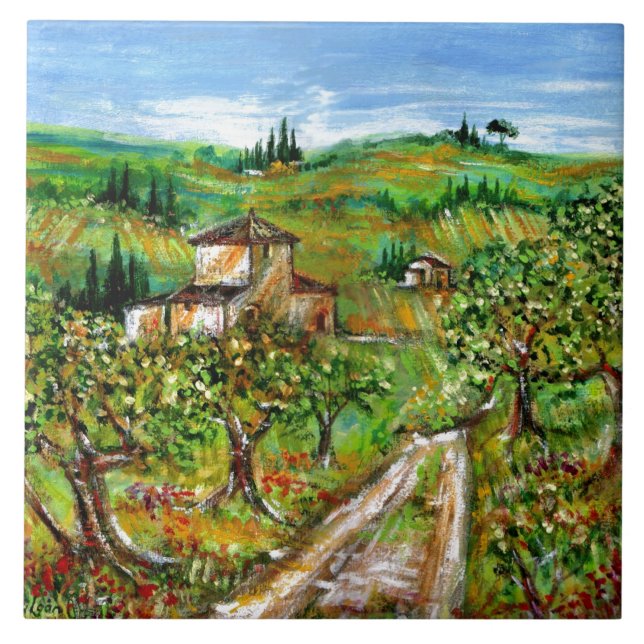 OLIVE TRÄD I TUSCANY LANDSCAPE KAKELPLATTA (Framsidan)