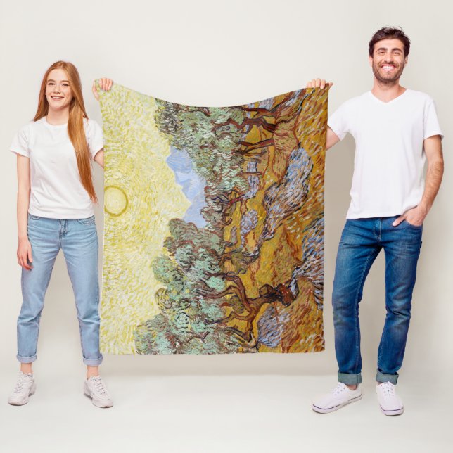 Olive Träd med gult himlar och sol Fleecefilt (På plats)