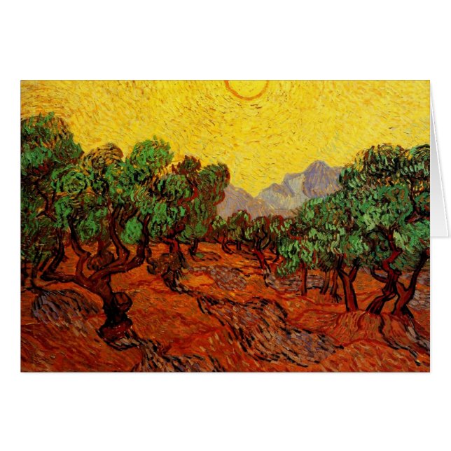 Olive Träd med Gult Himlar och Sol Hälsningskort (Framsidan Horizontal)