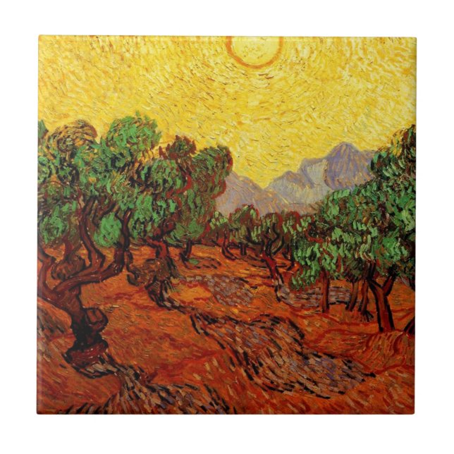 Olive Träd med Gult Himlar och Sol Kakelplatta (Framsidan)