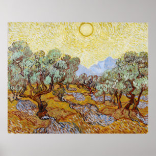 Olive Träd med gult himlar och sol Poster