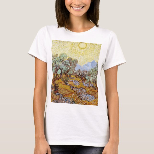Olive Träd med gult himlar och sol T Shirt (Framsida)