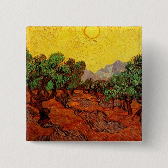 Olive Träd med Gult Himlar och Sol Van Gogh Knapp (Framsida)
