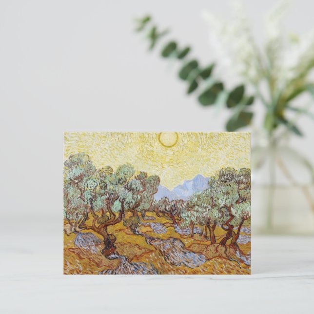 Olive Träd med gult himlar och sol Vykort (Stående Fram)
