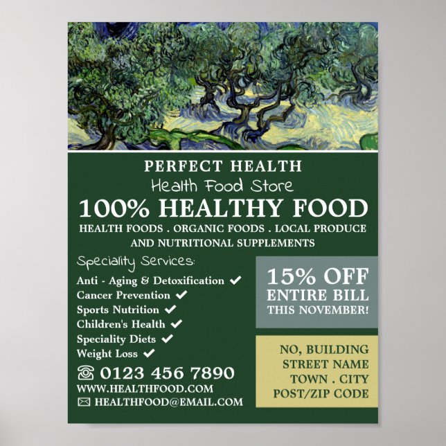 Olive Träd, Van Gogh, Health Food Store Poster (Framsidan)