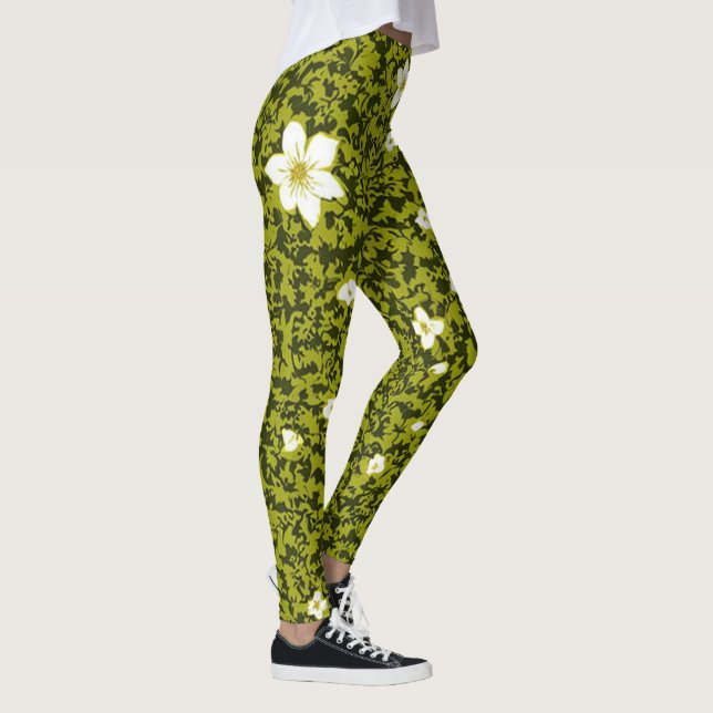 Olive-utskrift med vitblommor, design, Cute-Blommi Leggings (Höger)
