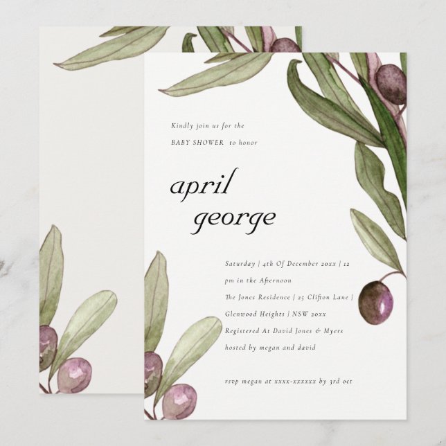 OLIVE WATERCOLOR FOLIAGE BABY SHOWER INBJUDAN (Fram/baksida)