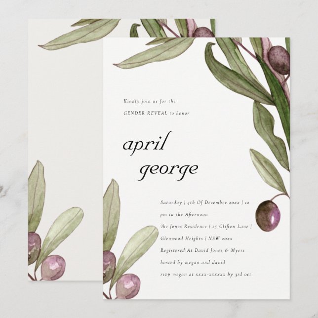 OLIVE WATERCOLOR FOLIAGE GENDER REVEAL INBJUDAN (Fram/baksida)
