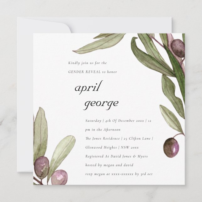 OLIVE WATERCOLOR FOLIAGE GENDER REVEAL INBJUDAN (Framsida)