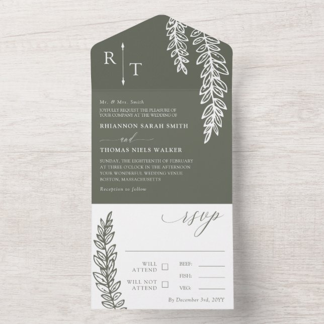 Olive White Greenery Monogrammed Bröllop (Insida)