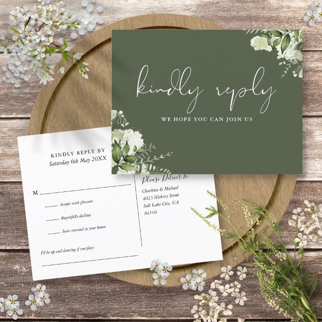 Olivegrön blommig sångförfrågan RSVP vykort (Olive Green Floral Song Request RSVP Postcard)