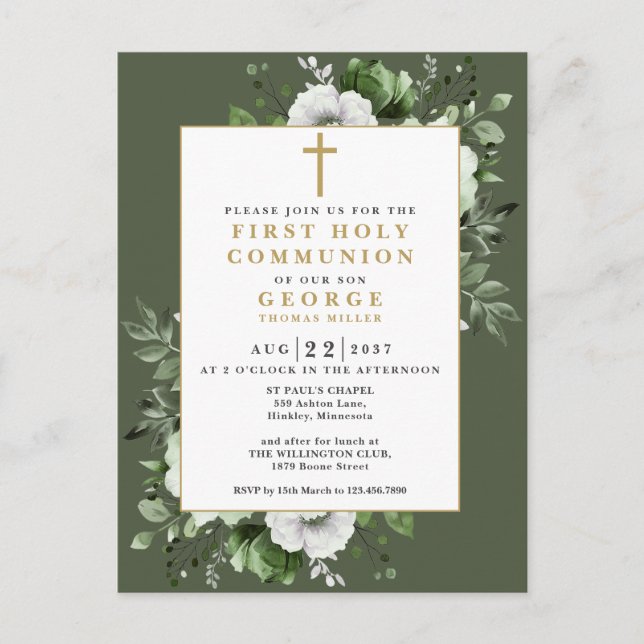 Olivegrön blomsterinbjudan till första nattvarden vykort (Framsida)