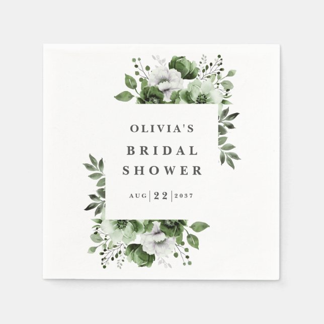 Olivegrön Elegant Lantlig Blommig Bröllopsdusch Pappersservett (Framsidan)