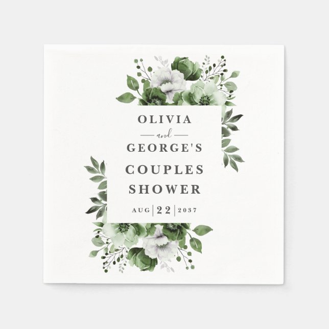 Olivegrön Elegant Lantlig Blommig Par Bröllopsdusc Pappersservett (Framsidan)