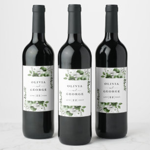Olivegrön elegant lantlig blomsterbröllop  vinflaska etikett