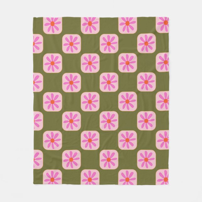 Olivegrön rosa retro tusensköns-rutig groovy fleecefilt (Framsidan)