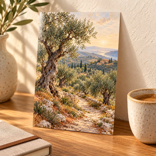 Oliveodling vid första ljuset konsttryck poster (Styled preview of the unframed 4 x 6 inch art print. Decorative props are not included.)