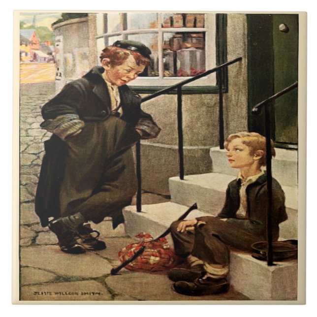 Oliver's First Meeting Jessie Willcox Dickens Kakelplatta (Framsidan)