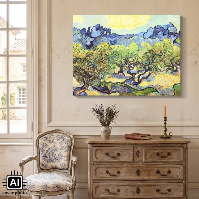 Oliveträd med Alpilles av Vincent van Gogh Canvastryck (Olive Trees with the Alpilles in the Background by Vincent van Gogh is post impressionism art.)
