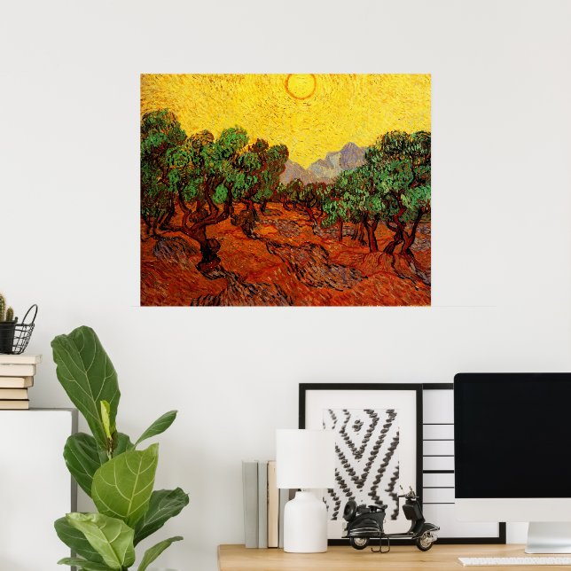 Oliveträd med gul himmel och sol av Van Gogh Poster (Hemmakontoret)