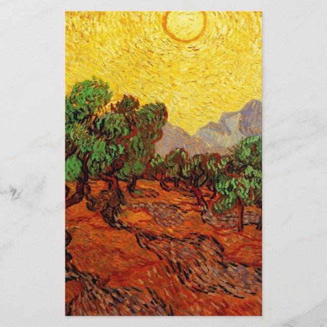 Oliveträd med gul himmel och sol brevpapper (Framsida)