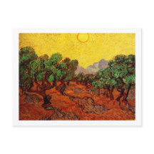 Oliveträd med gul himmel och sol