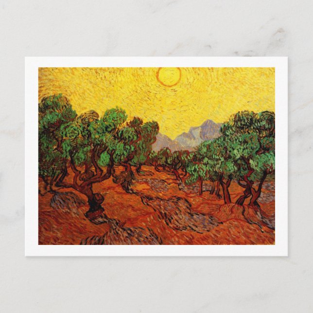 Oliveträd med gul himmel och sol vykort (Framsida)