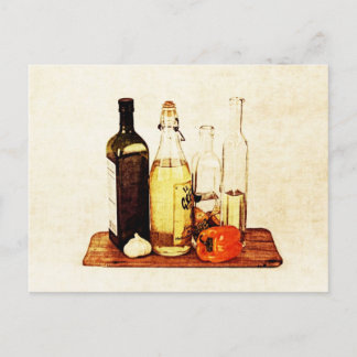 Olivevoolja flaskor och veggier vykort