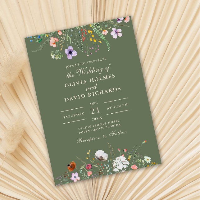 Olivgrön äng med vilda blommor Bröllop  Inbjudningar (Sage Green Watercolor Wildflower Meadow Wedding Invitation on dry palm leaf.)